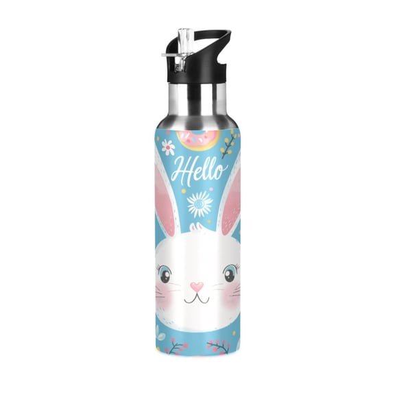 Water Bottles 20oz Straw Lid Wide Mouth Stainless Steel for School Sport Travel Hello Rabbit Face