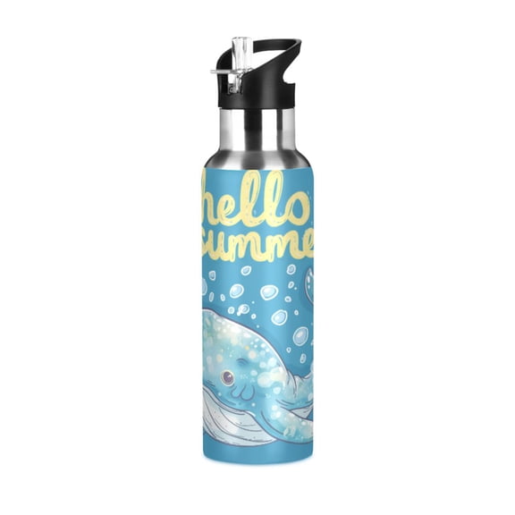 Water Bottles 20oz Straw Lid Wide Mouth Stainless Steel for School Sport Travel Hello Summer Whale