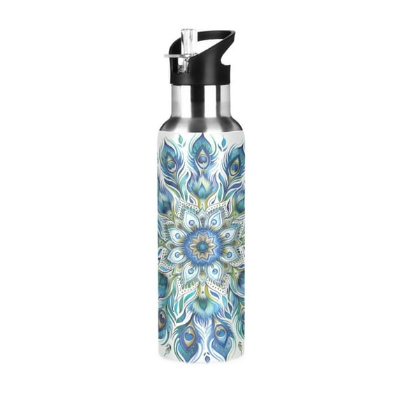 Water Bottles 20oz Straw Lid Wide Mouth Stainless Steel for School Sport Travel Mandala Peacock Feathers