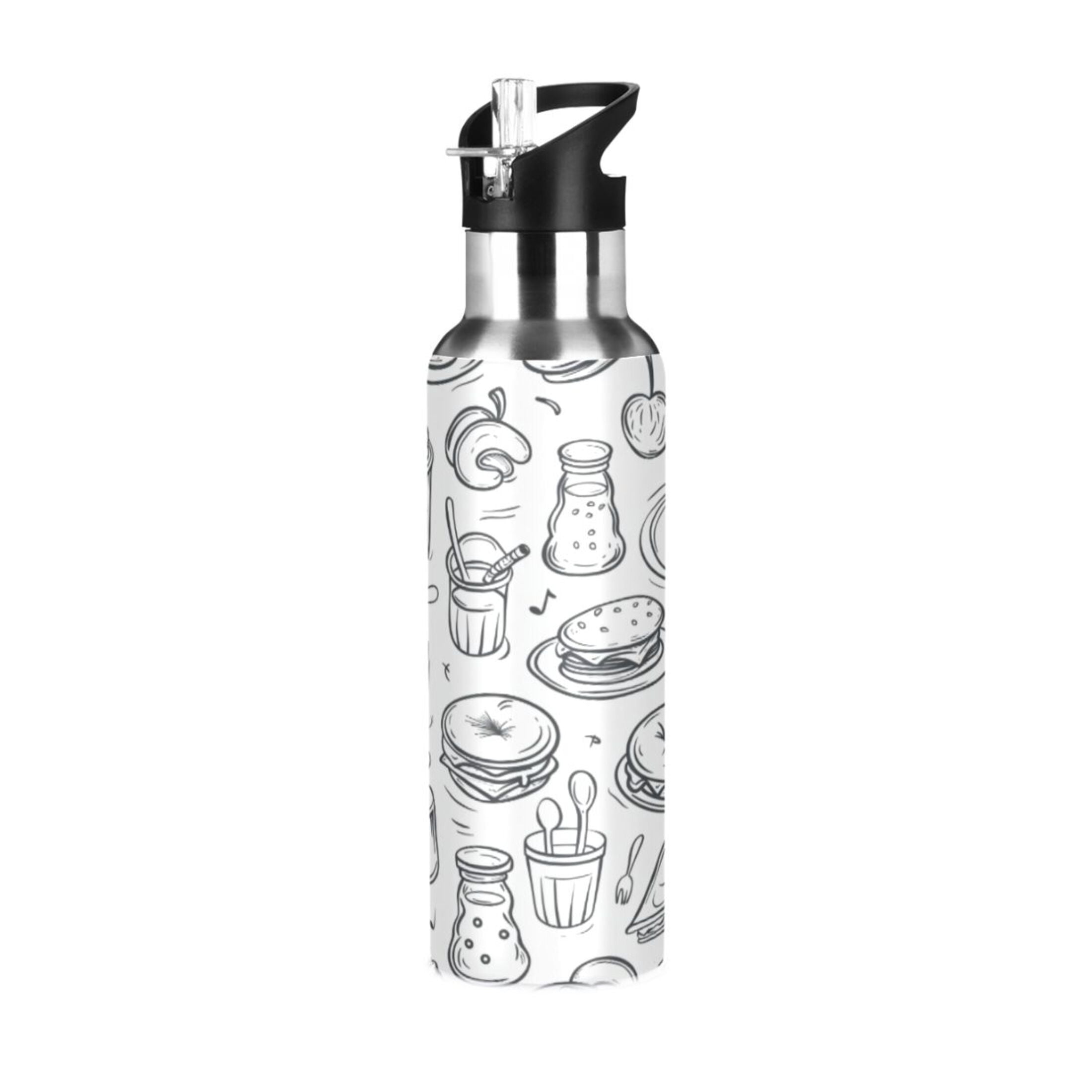 Water Bottles 20oz Straw Lid Wide Mouth Stainless Steel for School Sport Travel Pizza Burger Fruit Line