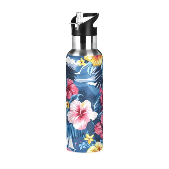 Water Bottles 20oz Straw Lid Wide Mouth Stainless Steel for School Sport Travel Sea and Tropical Flower