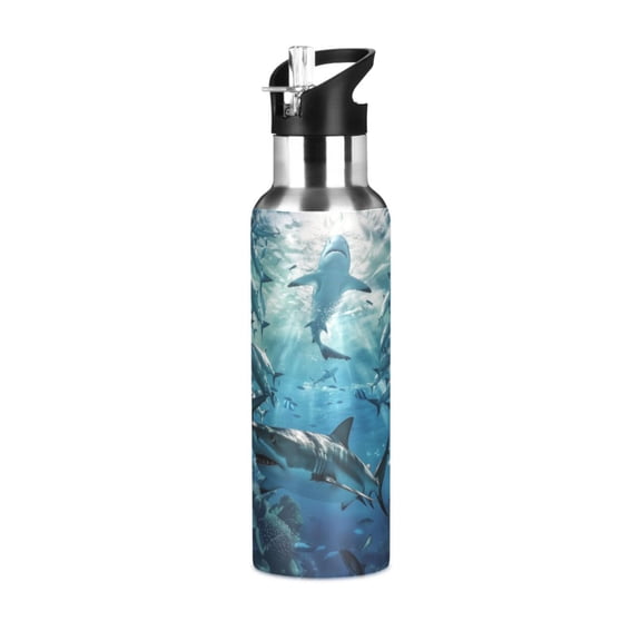 Water Bottles 20oz Straw Lid Wide Mouth Stainless Steel for School Sport Travel Shark Swimming in Fish Schools