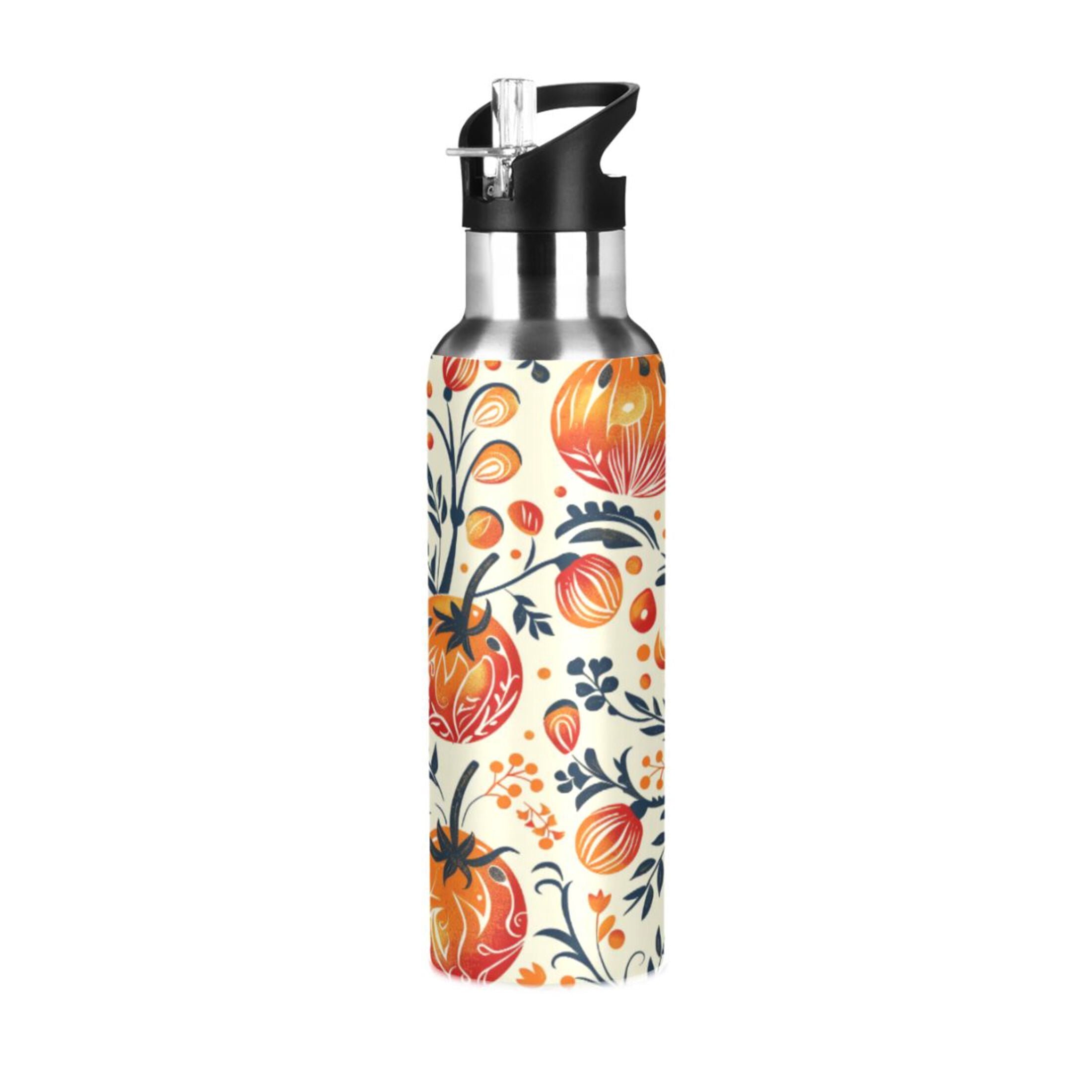 Water Bottles 20oz Straw Lid Wide Mouth Stainless Steel for School Sport Travel Tomato Folk Art