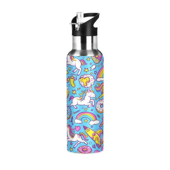 Water Bottles 20oz Straw Lid Wide Mouth Stainless Steel for School Sport Travel Unicorns Donuts Rainbow