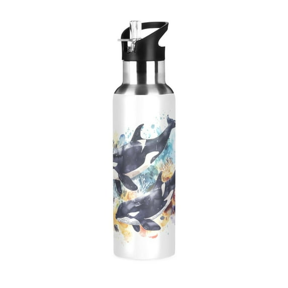 Water Bottles 20oz Straw Lid Wide Mouth Stainless Steel for School Sport Travel Watercolor Killer Whales