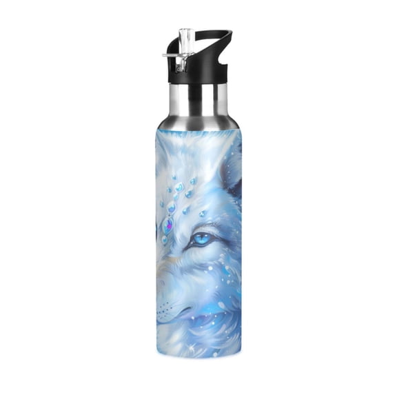 Water Bottles 20oz Straw Lid Wide Mouth Stainless Steel for School Sport Travel White Wolf with Gems