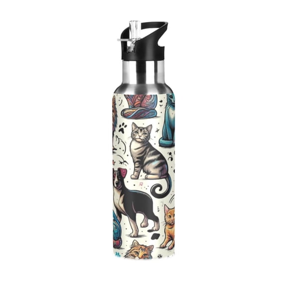 Water Bottles 34oz Straw Lid Wide Mouth Stainless Steel for School Sport Travel Cat and Dog Paw