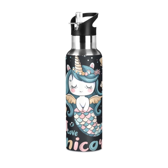 Water Bottles 34oz Straw Lid Wide Mouth Stainless Steel for School Sport Travel Cute Unicorn Mermaid