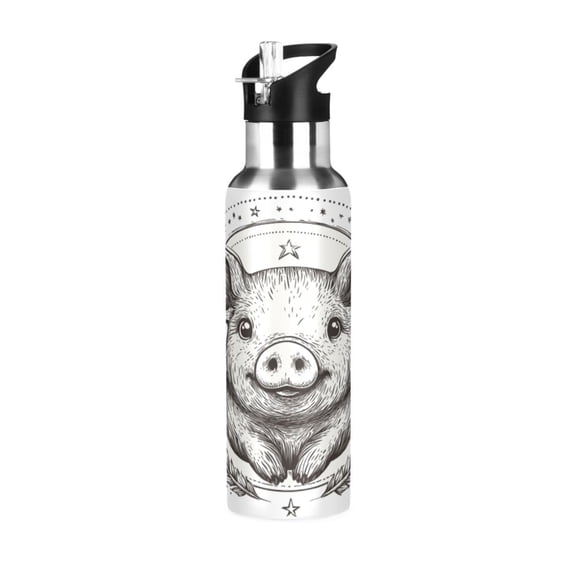 Water Bottles 34oz Straw Lid Wide Mouth Stainless Steel for School Sport Travel Lovely Pig with Wheat