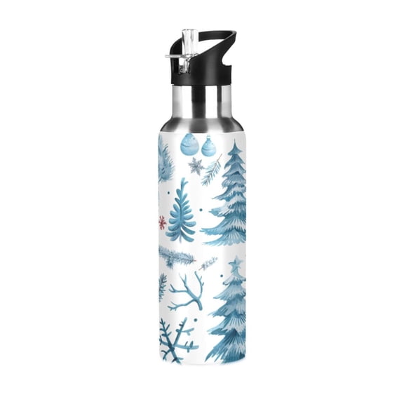 Water Bottles 34oz Straw Lid Wide Mouth Stainless Steel for School Sport Travel Winter Tree Plants