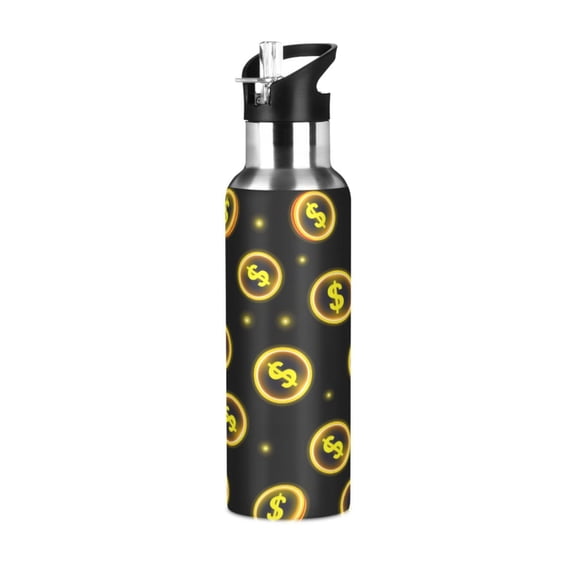 Water Bottles 34oz Straw Lid Wide Mouth Stainless Steel for School Sport Travel Yellow Dollar Sign
