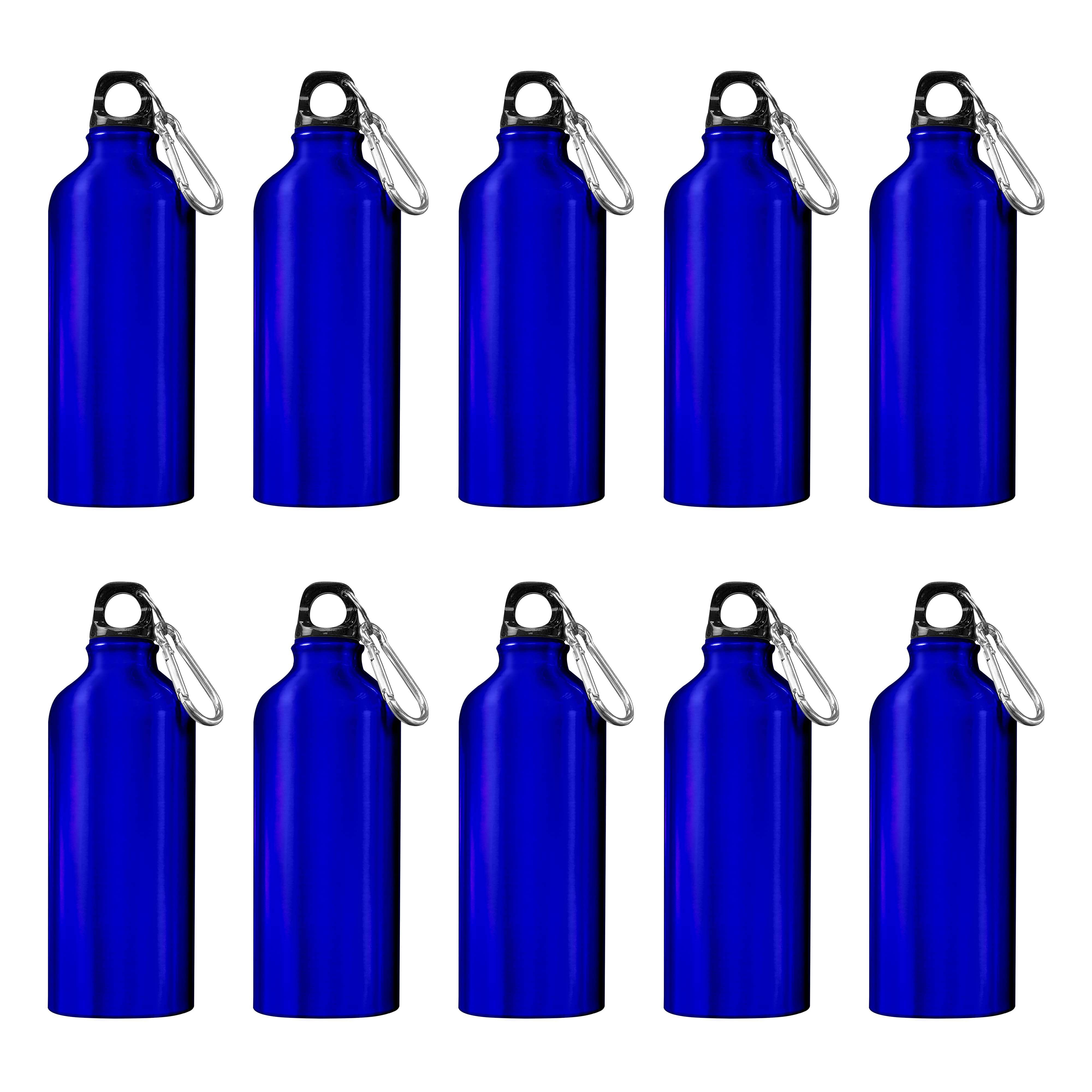 Water Bottles with Carabiner 20 oz. Set of 10, Bulk Pack - Aluminum, For School, Kids sports bottle - Blue