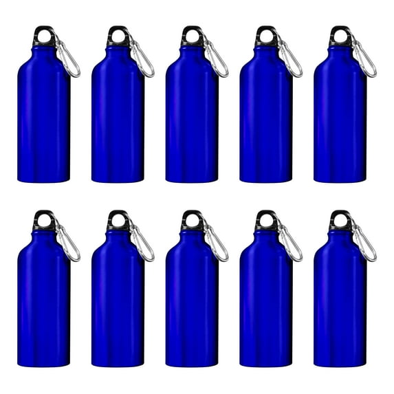 Water Bottles with Carabiner 20 oz. Set of 10, Bulk Pack - Aluminum, For School, Kids sports bottle - Blue