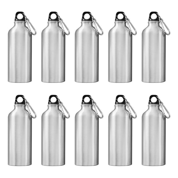 Water Bottles with Carabiner 20 oz. Set of 10, Bulk Pack - Aluminum, For School, Kids sports bottle - Silver