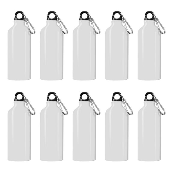 Water Bottles with Carabiner 20 oz. Set of 10, Bulk Pack - Aluminum, For School, Kids sports bottle - White