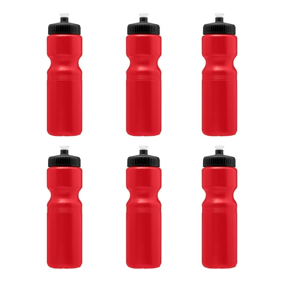 Water Bottles with Push Cap 28 oz. Set of 6, Bulk Pack - Reusable, Great for Gym, Hiking, Cycling, School - Red