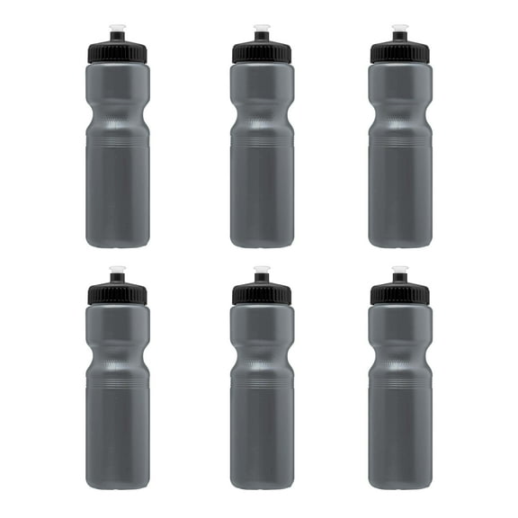 Water Bottles with Push Cap 28 oz. Set of 6, Bulk Pack - Reusable, Great for Gym, Hiking, Cycling, School - Silver