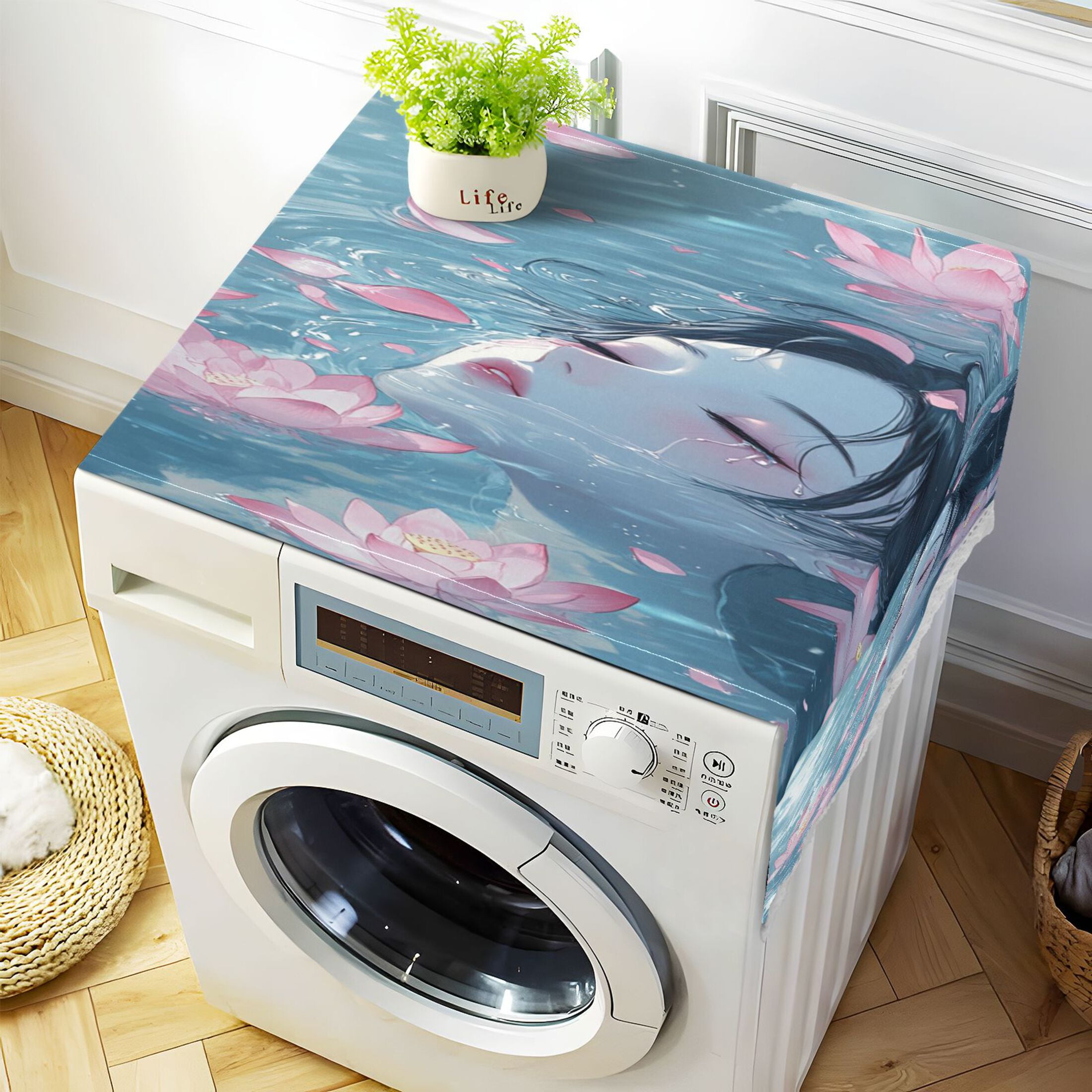 Water Brings Out The LotusWasher and Dryer Covers Dust-Proof and Oil Resistant Fridge Cover with 4 Storage Pockets Washing Machine Top Cover for Laundry Kitchen Home 51.2 x 22 In