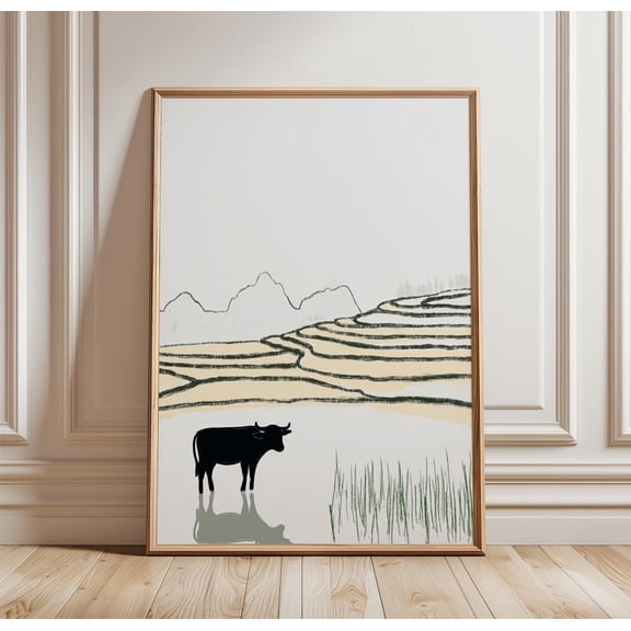 Water Buffalo Rice Field Poster Minimal Landscape Print Calm Rural Wall Art Home Decor Paper Poster Print Only