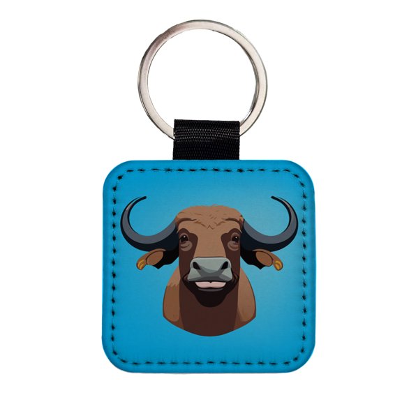 Water Buffalo Smiling Faux Leather Square Keychain