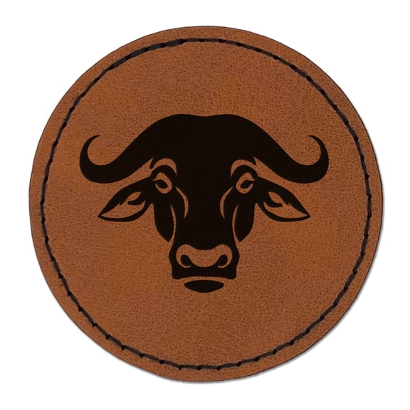 Water Cape Buffalo Bison Ox 2.5" Faux Leather Round Engraved Iron-On Patch - Brown