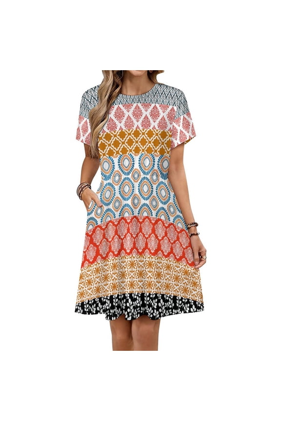 Water Color Bohemian Pattern Multi Colour Sundress Short Sleeve Dress Summer Women Clothes Dress for Women Dresses