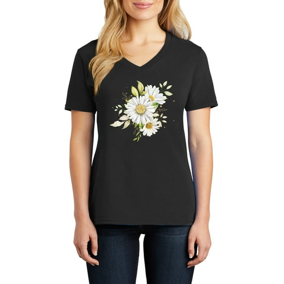 Water Color Daisy Graphic Design Ladies Big Size Core Cotton V neck T-Shirt - Jet Black 3XL