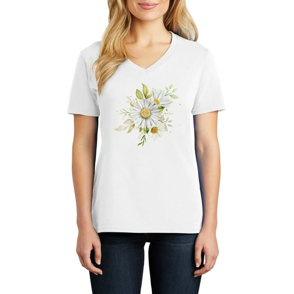 Water Color Daisy Graphic Design Ladies Big Size Core Cotton V neck T-Shirt - White 3XL