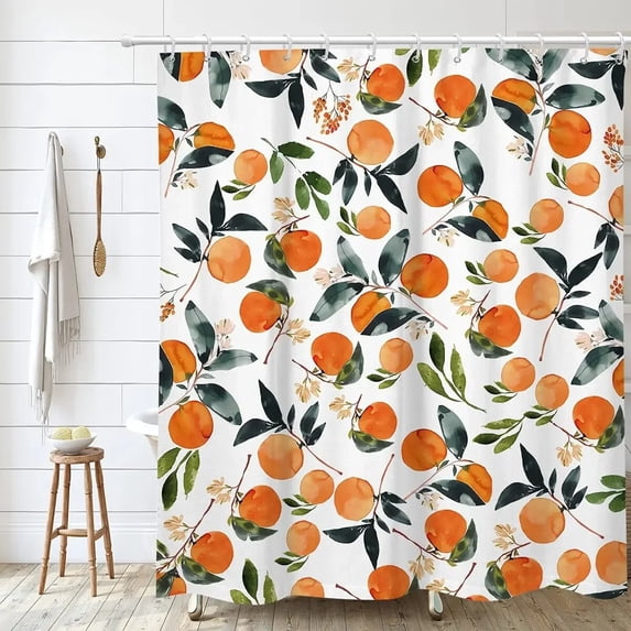Water Color Peach Shower Curtain Round Citrus Pattern Design Colorful Grange Fresh Leaves Polyester Fabric With Hooks