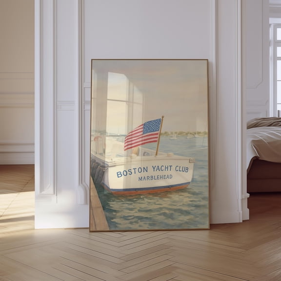 Water Color Print Vintage Yacht American Flag Poster Old Money Wall Art Coastal Poster Trend Patriotic Art Navy & Red Coastal Poster Nantucket , Poster Print Only