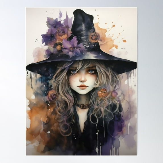 Water Color Witch In Purple And Orange - Mystic Art Poster Wall Art, Modern Wall Decor For Living Room Bedroom, 24x36 UNFRAMED