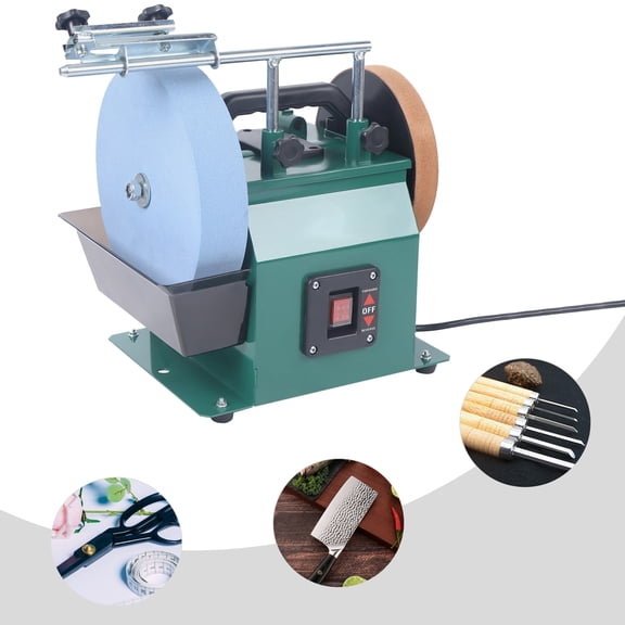 Sharpening System for Chisels and Plane Knives, Water Cooled Sharpener with 10" Sharpening 220 Grit Stone Wheel & 8" Leather Wheel