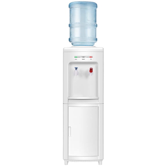 Office Home Water Dispenser for 3-5 Gallon Bottles, Top Loading Design with Hot Cold Water, Compressor Cooling System and Storage Cabinet, White
