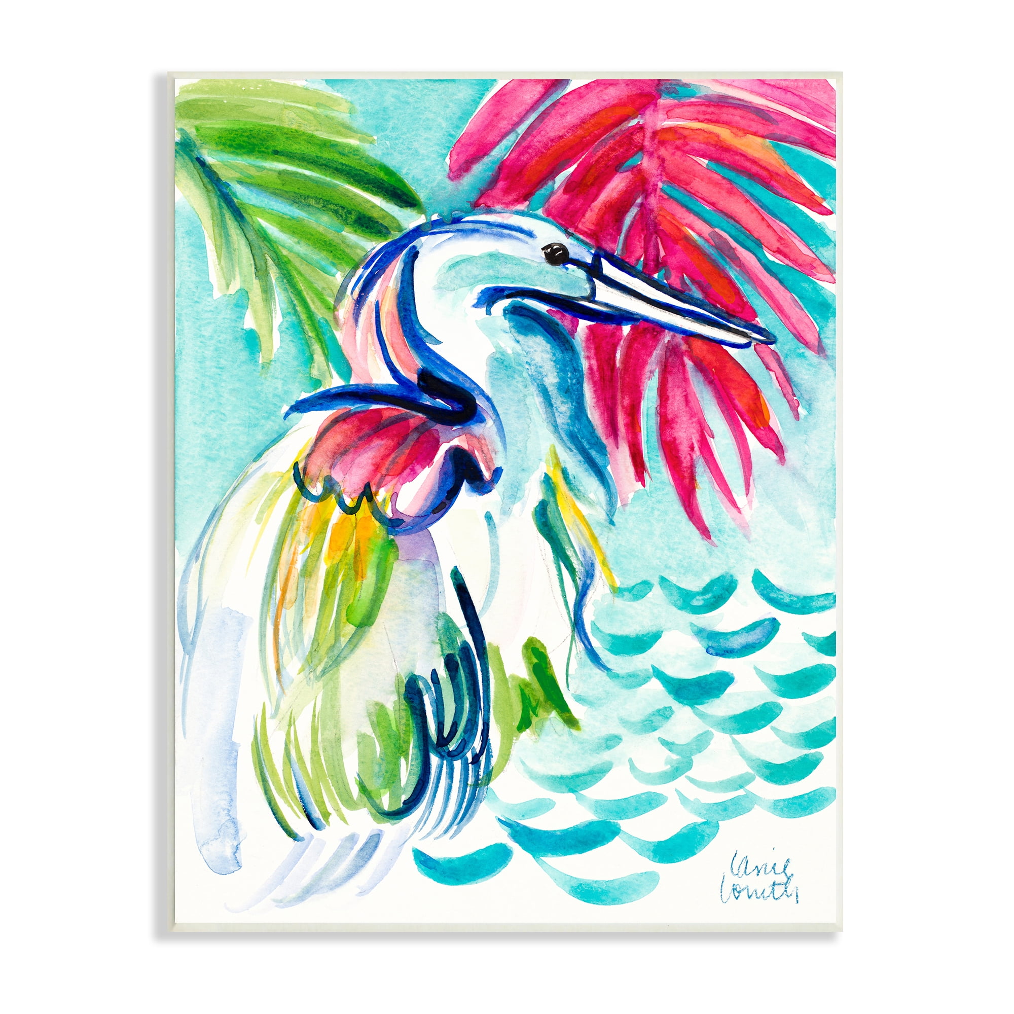 Water Crane Bird Tropical Waves Vibrant Pink Palm 10 in x 15 in Framed Painting Art Print, by Stupell Home Décor