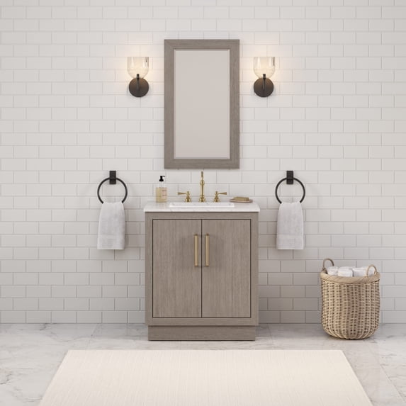 Water Creation 30" Wood Single Bathroom Vanity in Gray Oak and Gold