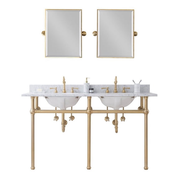 Water Creation Embassy 60"W Double Brass Wash Stand in Satin Gold/White