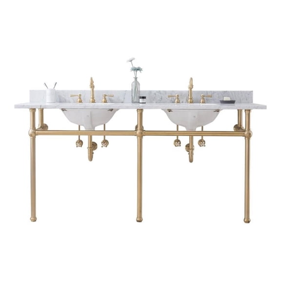 Water Creation Embassy 72" Double Brass Wash Stand in Satin Gold & White