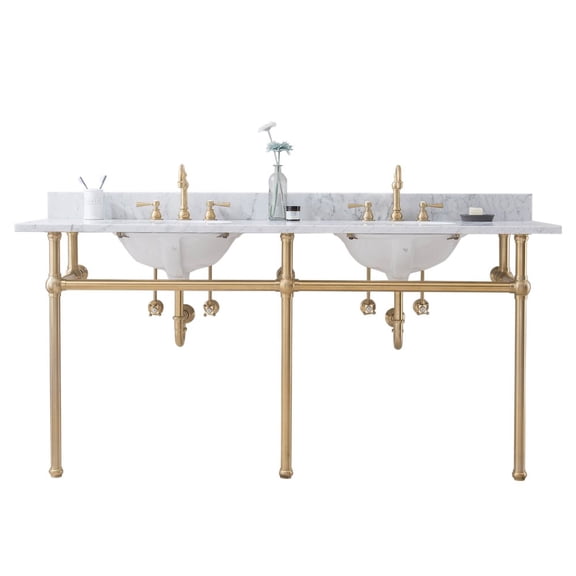 Water Creation 72 In. W. Double Wash Stand, P-Trap, Carrara White Marble Countertop