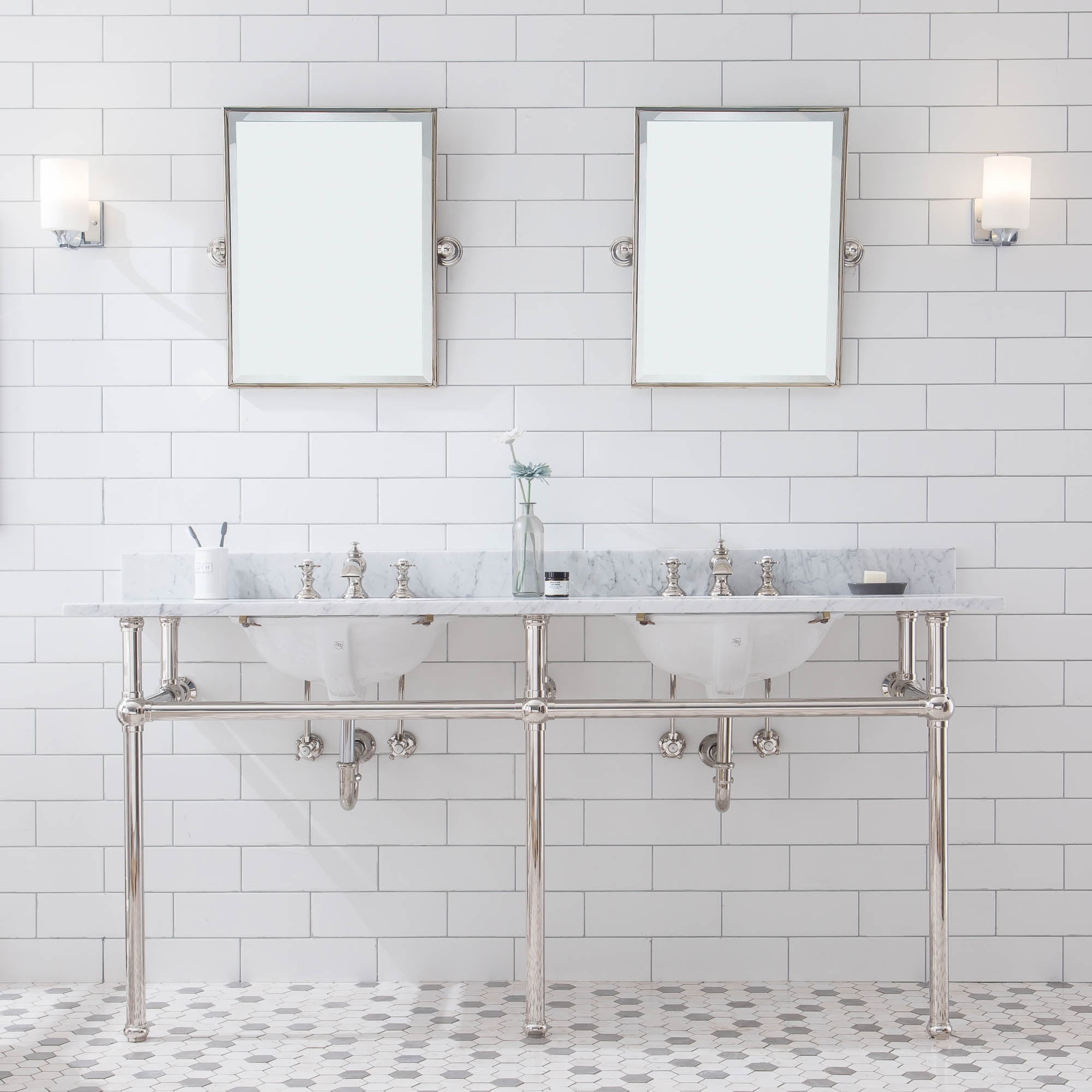 Water Creation Embassy 72"W Double Brass Wash Stand in Polished Nickel and White