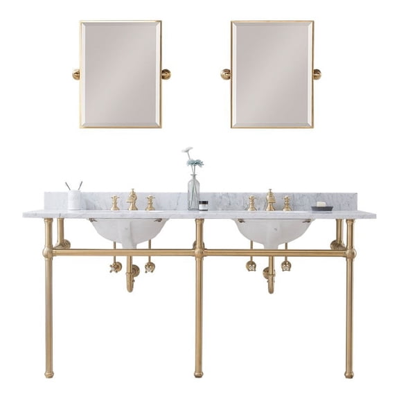 Water Creation Embassy 72"W Double Brass Wash Stand in Satin Gold & White