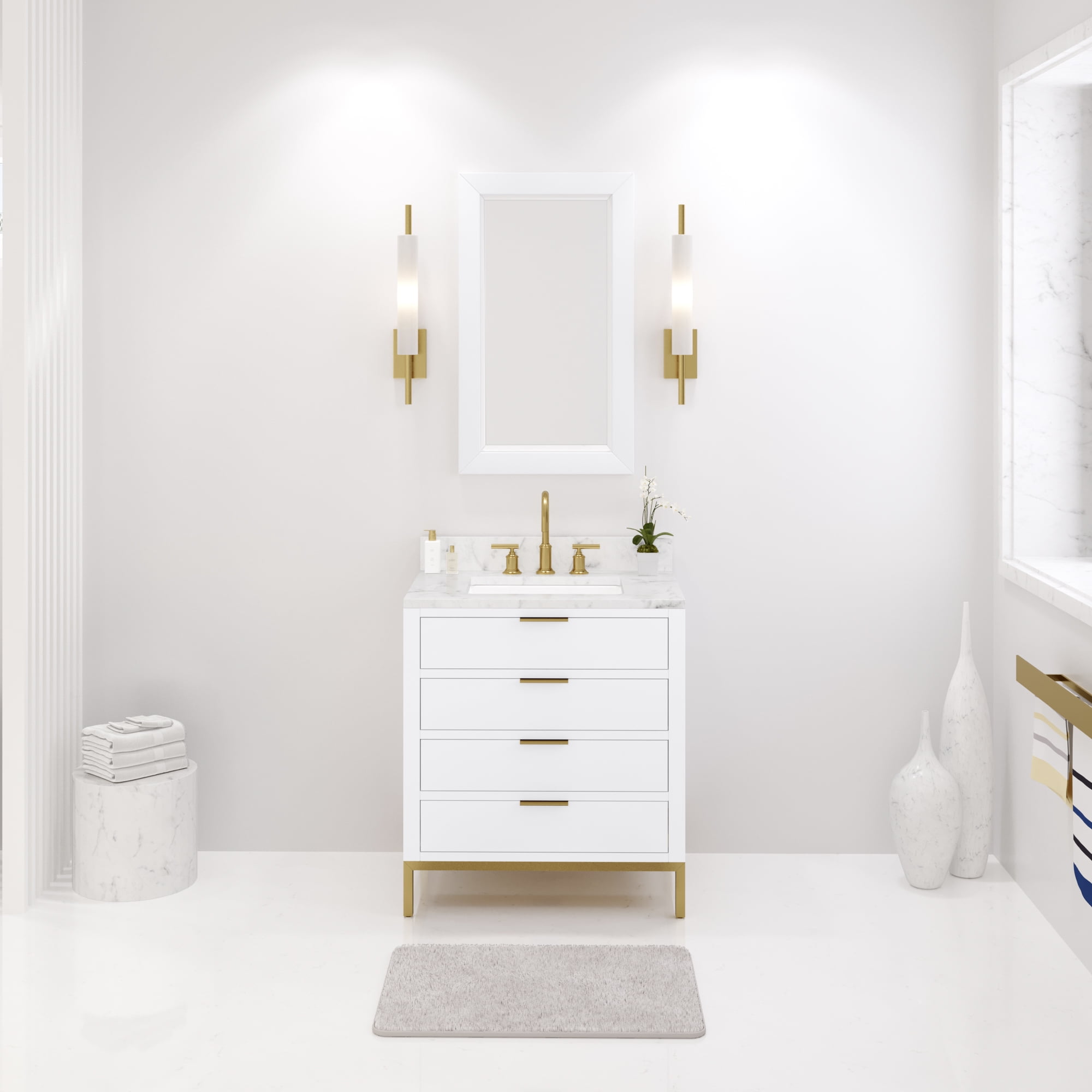 Water Creation Bristol 30" Wood Single Bathroom Vanity in Pure White & Gold