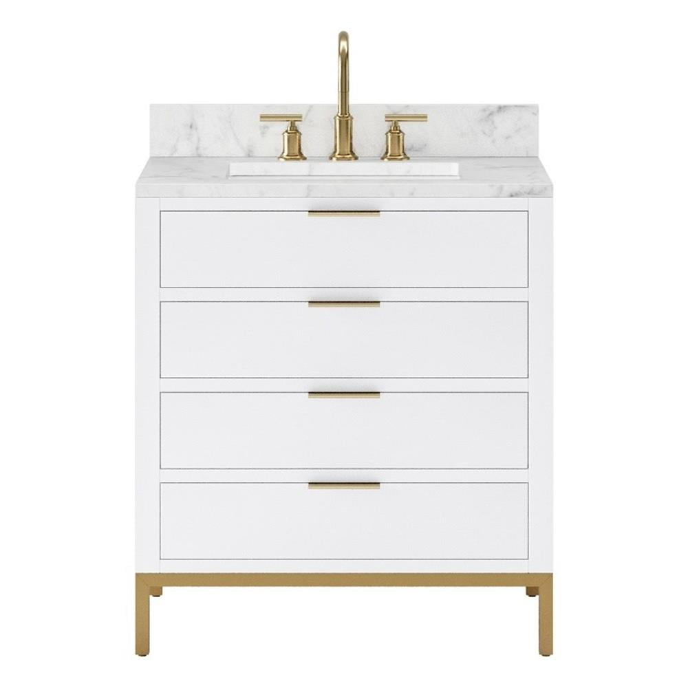 Pure White and Gold 30" Single Bathroom Vanity with Marble Top