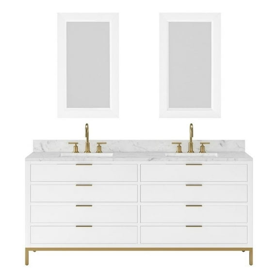 Water Creation Bristol 72"W Wood Double Bathroom Vanity in Pure White & Gold