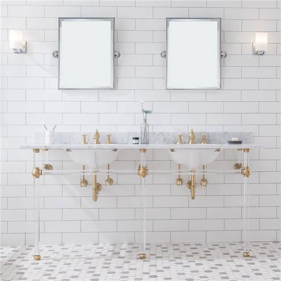 Water Creation EP72E-0613 72 in. Embassy Double Wash Stand, P-Trap, Countertop with Basin, Faucet, Mirror - Brass