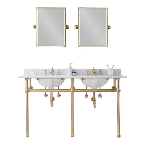Water Creation Embassy 60"W Double Brass Wash Stand in Satin Gold & White