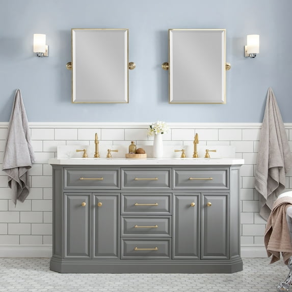 Water Creation Palace 60" Wood Double Bathroom Vanity in Cashmere Gray and Gold