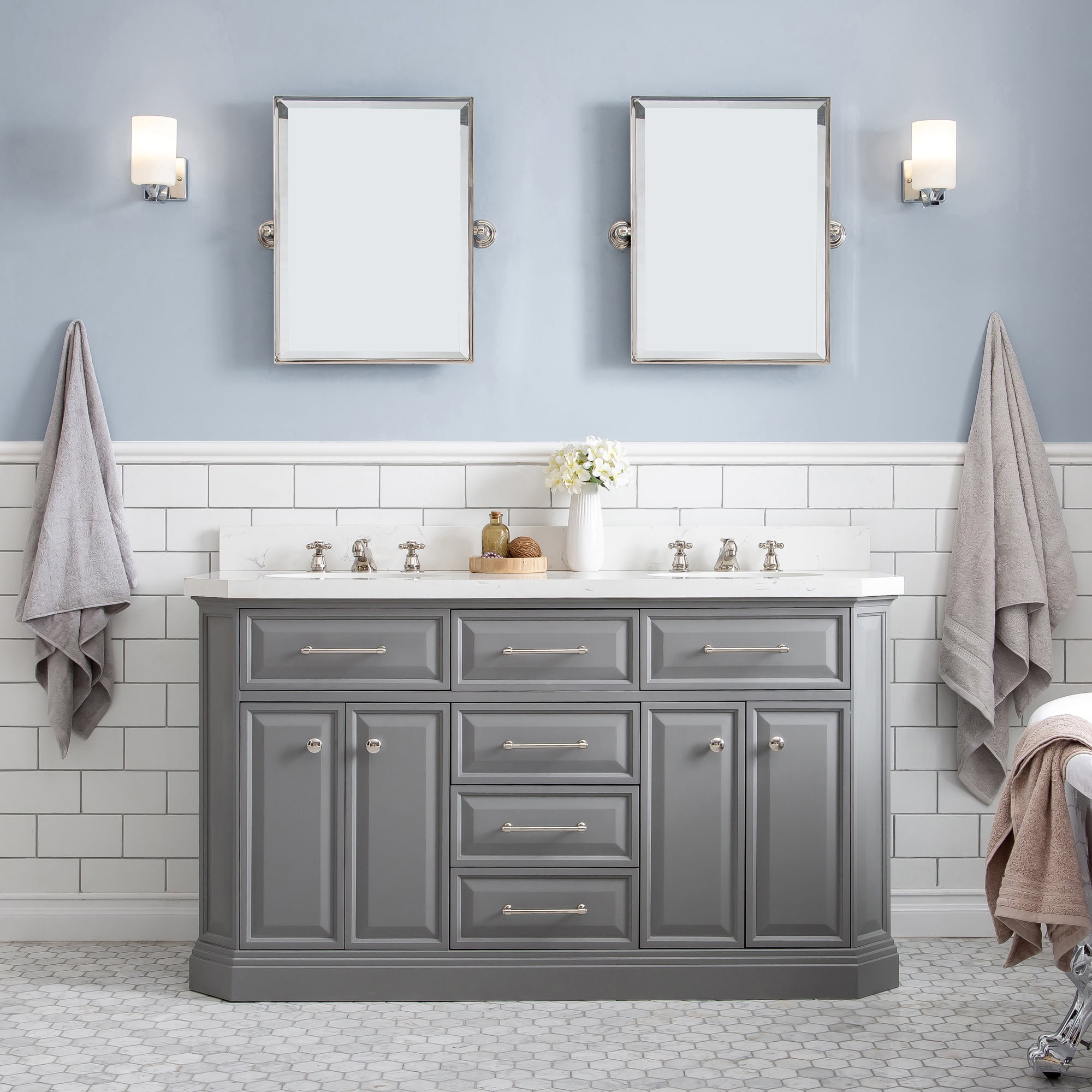 Water Creation Palace 60" Wood Double Bathroom Vanity in Cashmere Gray/Nickel