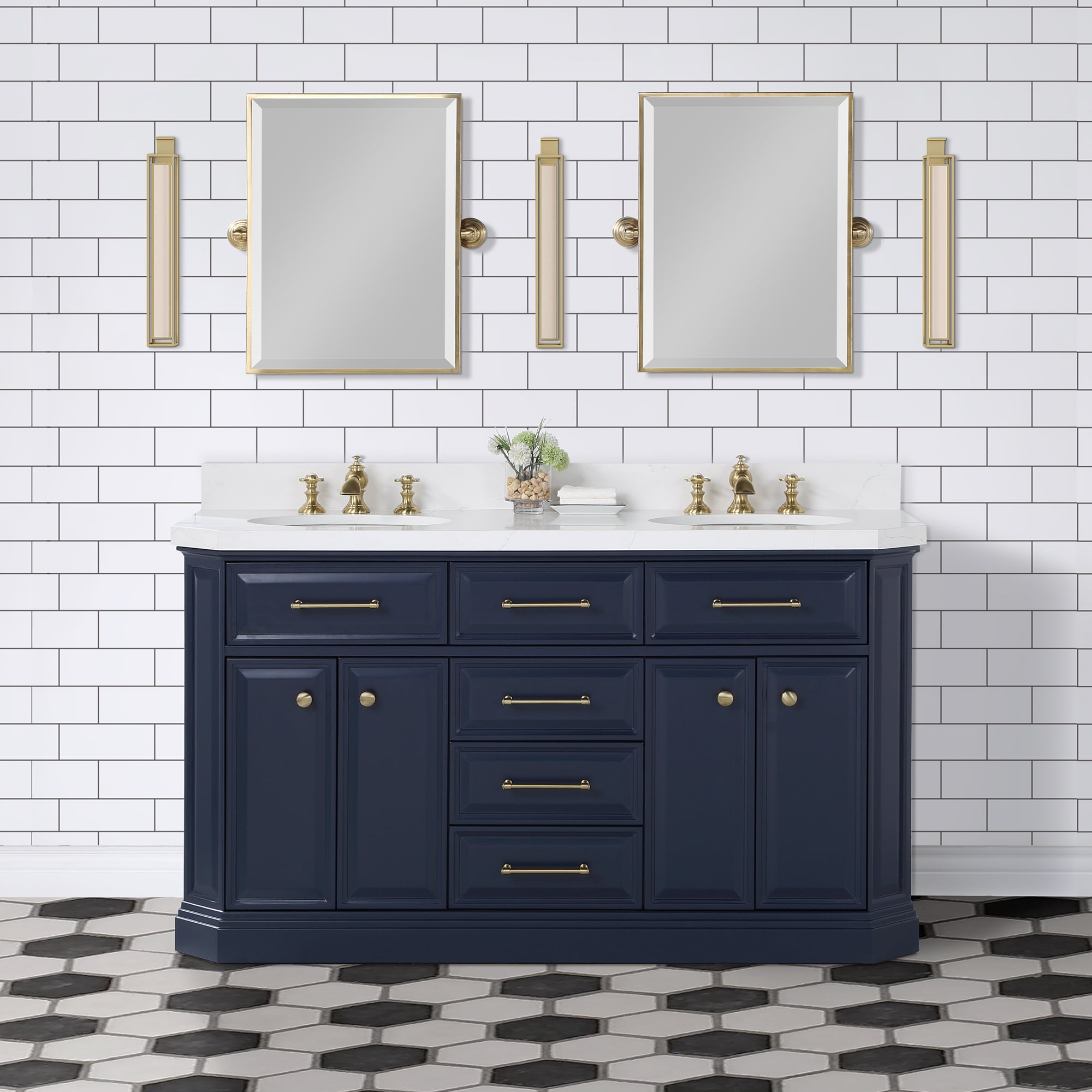 Water Creation Palace 60" Wood Double Bathroom Vanity in Monarch Blue/Gold