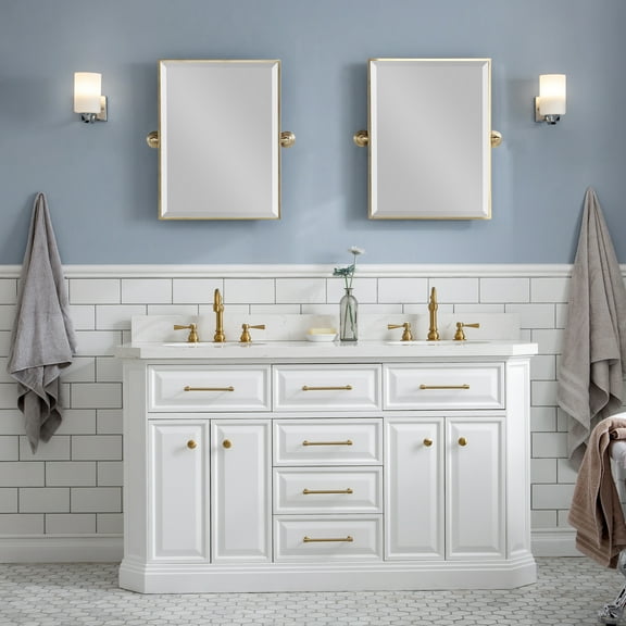 Water Creation Palace 60" Wood Double Bathroom Vanity in Pure White/Gold