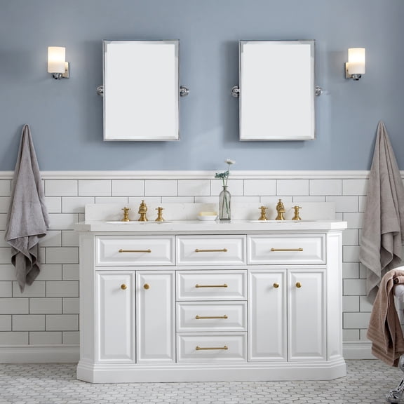 Water Creation Palace 60" Wood Double Bathroom Vanity in White/Gold